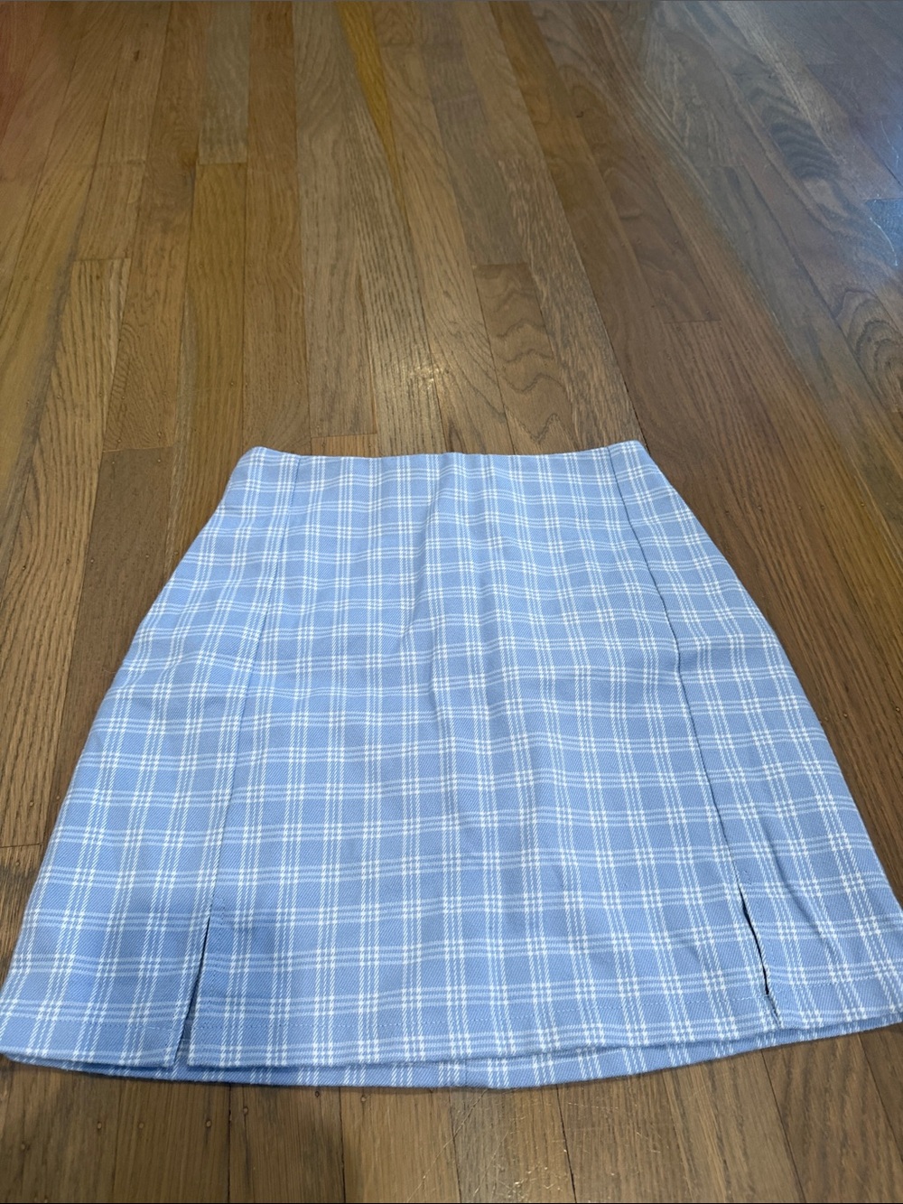 Brandy Melville_Light Blue Plaid A-Line Mini Skirt with two small side slit